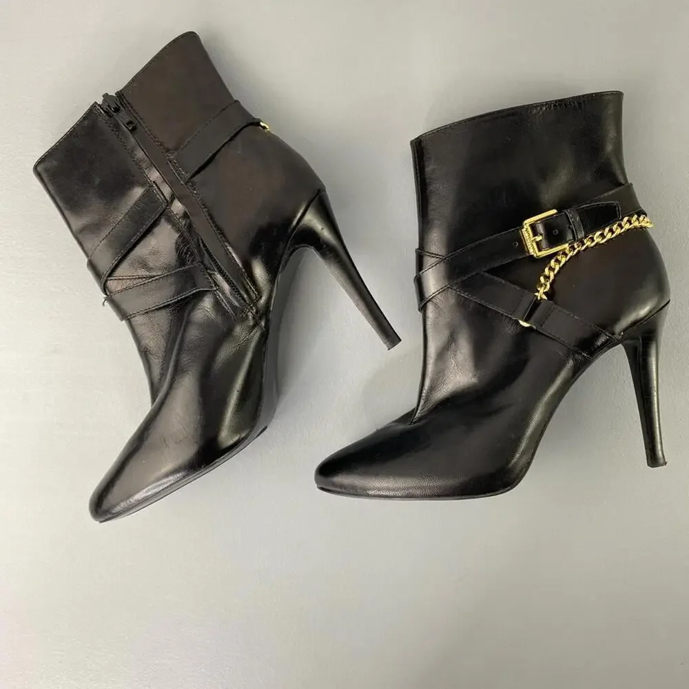 Ralph Lauren Laurie black leather ankle boots with gold tone hardware, 6B
